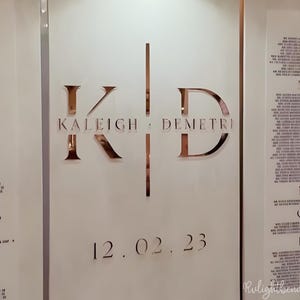 May include: A wedding seating chart with the names of guests listed on white panels. The names are arranged alphabetically by last name. The couple's initials, "KD", and names "Kaleigh Demetri" are in rose gold. The date "12.02.23" is also displayed.