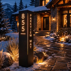 Può includere: Un alto palo per indirizzo esterno, rettangolare e di colore scuro, con il numero civico 855 illuminato e il testo verticale PARKVIEW WAY. Il cartello emette una luce calda e brillante attraverso i numeri e le lettere ritagliati.