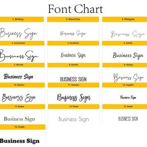 以下が含まれることがあります： 「Business Sign」のテキストが表示された16種類の異なるフォントスタイルを示すフォントチャート。フォントは、エレガントなスクリプトから太字のブロックレターまで、スタイルが異なります。チャートはグリッド形式で構成されています。