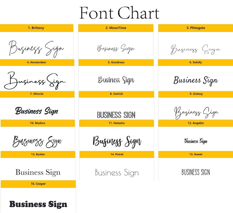 以下が含まれることがあります： 「Business Sign」のテキストが表示された16種類の異なるフォントスタイルを示すフォントチャート。フォントは、エレガントなスクリプトから太字のブロックレターまで、スタイルが異なります。チャートはグリッド形式で構成されています。