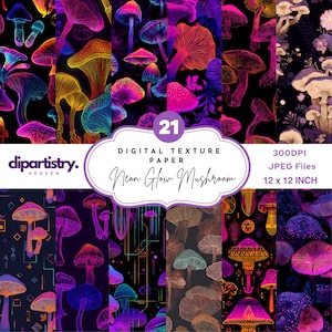 Peut inclure: Ensemble de 21 papiers de texture numérique avec des motifs de champignons à lueur néon. Les motifs présentent des champignons vibrants en rose, violet, jaune et bleu sur fond noir. Les papiers mesurent 30,48 x 30,48 cm, fichiers JPEG 300 DPI.