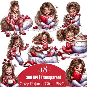 Cozy Pajama Girls Clipart | Cute Sleepover PNG for Planner & Sublimation | Storytime and Bedtime Digital Stickers | Airbrush Cartoon Art