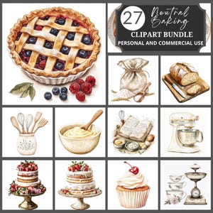 Neutral Baking Clipart – Watercolor Cottagecore Bakery PNG, Stand Mixer, Sourdough, Vintage Baking Sublimation, Dessert & Pastry Clipart