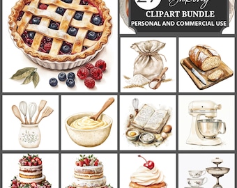 Clipart de repostería en acuarela: Pastelería estilo cottagecore PNG (Descarga digital)