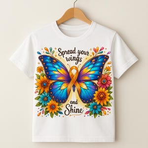 Vlindersublimatie PNG Spread Your Wings and Shine Design, inspirerende bloemen T-shirtkunst, heldere kleurrijke print en gesneden digitaal bestand
