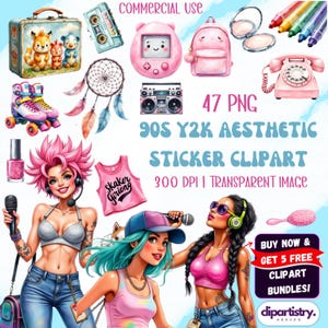 May include: A digital illustration featuring a collection of 90s Y2K aesthetic sticker clipart. The image includes a pink backpack, roller skates, a boombox, a pink telephone, and three stylized female figures. Text on the image reads "90S Y2K AESTHETIC STICKER CLIPART".