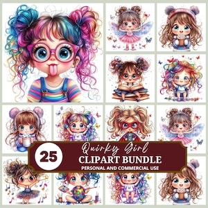 Quirky Little Girl Clipart Bundle | Whimsical Digital Download | Watercolor, Mixed Media, and Planner Girl PNGs for Commercial Use