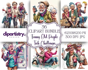 Funny Old People Clipart Bundle - Tech Challenges Theme, Ideal for Digital Content and Product Creators, 300DPI 36 PNGs, Commercial Use