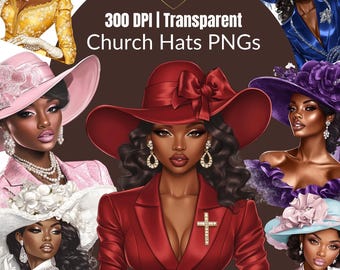Church Hats PNG, Black Woman Pray Clipart, Fashionable Ladies Digital Art, African American Glamorous Women, Vibrant Outfits Sublimation PNG