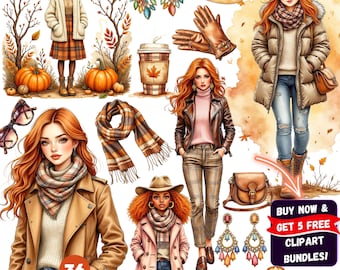 Paquete de imágenes prediseñadas de moda otoñal: Chicas, café y accesorios en acuarela (conjunto PNG)