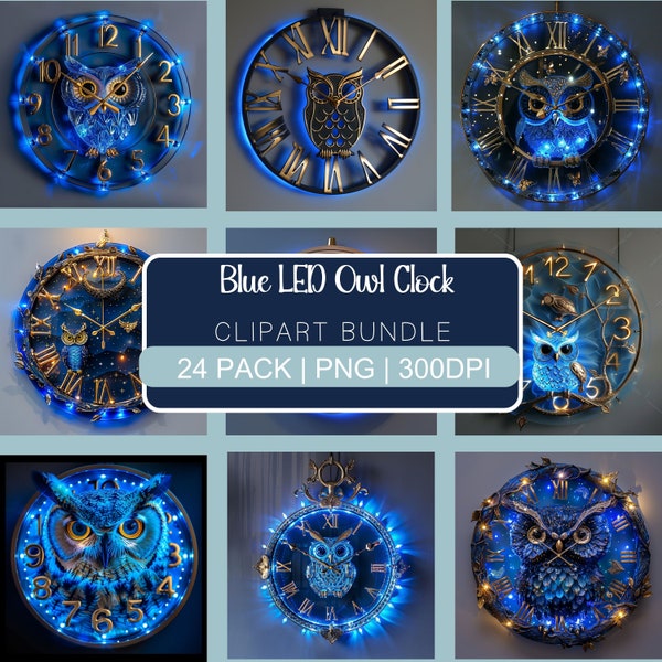 Enchanting Blue LED Owl Clock Clipart Bundle, Magic & Mystical Owls, Forest-Themed PNGs Commercial Use, Digital Download, 24 PNG Bundle Pack