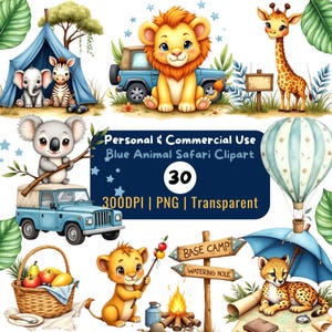 Bundle de cliparts bleu Safari chambre d'enfant avec des animaux de la jungle, Shower de bébé Safari aquarelle PNGs, Art mignon lion éléphant girafe zèbre