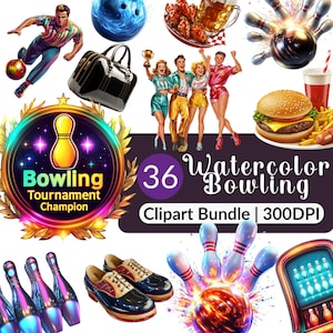 Retro Bowling Bowling Aquarell Bowling Clipart Bowlingkugel und Pins PNG Sport Digital Download Bowling Grafiken für Sublimation, kommerzielle Nutzung