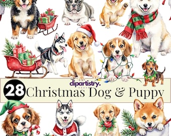May include: A collection of watercolor illustrations featuring various dog breeds in festive Christmas attire. The image includes puppies with Santa hats, scarves, and surrounded by gifts and holiday decorations. Text reads "28 Christmas Dog & Puppy."