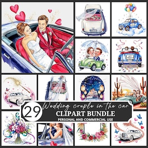 Hochzeitspaar im Auto Clipart PNG, frisch verheiratet Romantische Fahrt Illustration, Aquarell Braut und Bräutigam Clip Art für Sublimation & Karten
