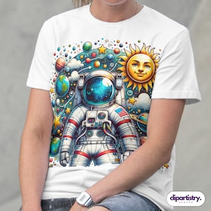 Clipart PNG de astronauta: diseño de sublimación espacial con planetas, estrellas y sol para manualidades, camisetas y decoración.