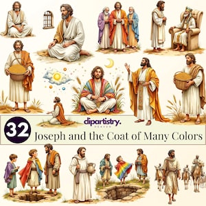 May include: Digital illustrations depicting scenes from the biblical story of Joseph and the Coat of Many Colors. The images feature figures in robes, with wheat, baskets, and a rainbow-colored coat. The text "32 Joseph and the Coat of Many Colors" is also present.