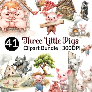 Clipart de los tres cerditos, cuento de hadas, lindo cerdo, PNG, lobo feroz, canción infantil, descarga digital, ilustración de libro de cuentos, uso comercial