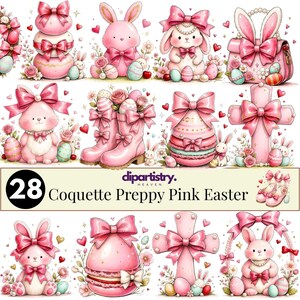 Coquette preppy roze paas-clipartbundel png, girly stickerpakket, strik en konijntje png, kawaii konijn kunst, paassublimatie en afdrukbare kinderen