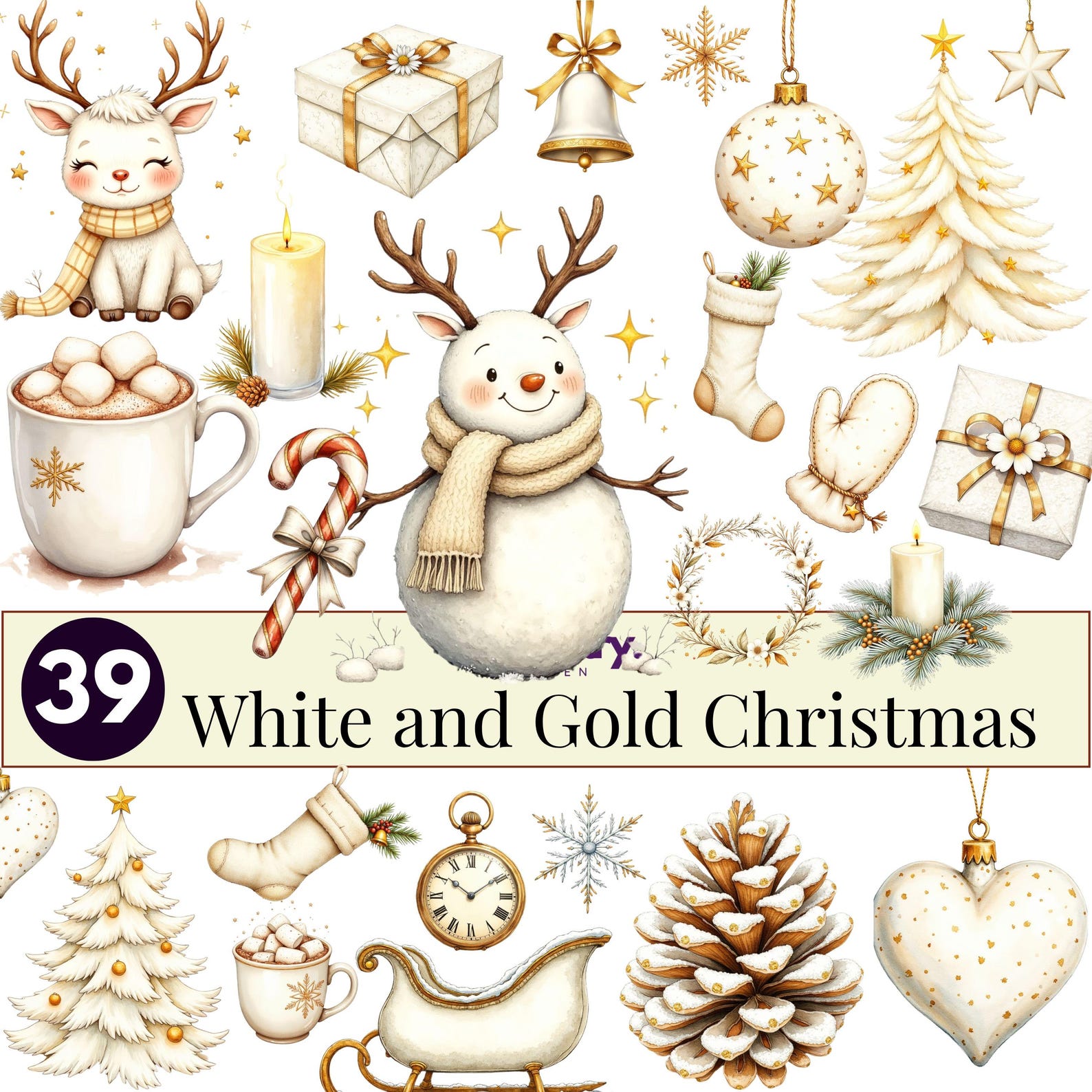 White and Gold Christmas Clipart Bundle | Gold Holiday PNG Set | Winter ...