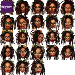 Lebendige Afro Loks Frau mit Dreadlocks und Weihnachtsferien Akzenten Sofort Download PNG für Sublimationsdesigns