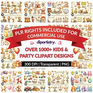 以下が含まれることがあります： サーカス、建設、人魚、宇宙などのテーマを含む、子供のパーティー用のデジタルクリップアートデザインのコレクション。画像には「PLR Rights Included for Commercial Use」と「Over 1000+ Kids & Party Clipart Designs」というテキストが含まれています。
