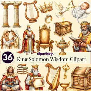 Puede incluir: Una colección de 36 imágenes prediseñadas de la sabiduría del rey Salomón. Las ilustraciones incluyen una corona dorada, un arpa, un anillo, una paloma, un bebé, una espada, un trono, un cofre y un rey leyendo un libro.