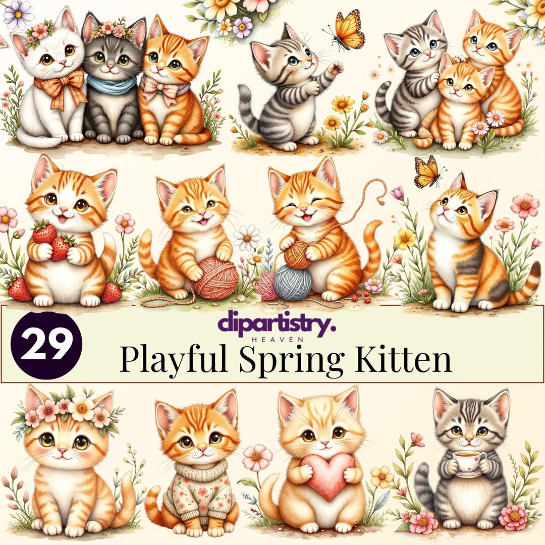 Playful Spring Kitten Clipart Bundle - 29 Cute Watercolor Cat Pngs ...