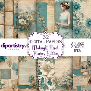 Digital Junk Journal Kit - Midnight Floral Edition, 24 Printable A4 Papers, 300DPI, Ideal for Personal & Commercial Use