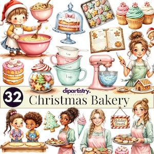 Może przedstawiać: Cyfrowa ilustracja z motywem bożonarodzeniowej piekarni. Obraz zawiera babeczki, ciasteczka, ciasto, miarki i mikser. Tekst "Christmas Bakery" jest wyraźnie wyświetlany.