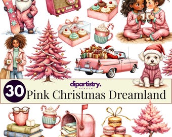 Puede incluir: Una colección de ilustraciones navideñas en rosa. Incluye un Papá Noel rosa, una radio vintage, cupcakes, dos personas en pijama, un árbol de Navidad rosa, un coche con regalos, un perro con un suéter y otros artículos festivos. También está presente el texto "Pink Christmas Dreamland".