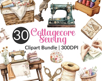 Cottagecore Sewing Clipart: Vintage Watercolor Seamstress PNG (Digital Download)