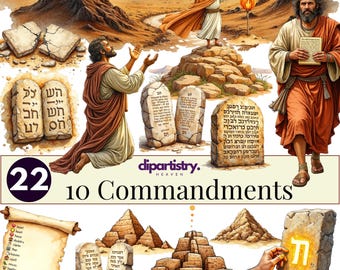 May include: An illustration depicting scenes from the Bible, including figures in robes, stone tablets with Hebrew text, and a burning flame. The image includes the text "10 Commandments" and "22".
