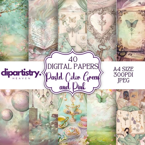 Junk Journal Pages  - Green Pink Bundle, Digital Watercolor Patterns & Vintage Printables Instant Download with Commercial Use in JPG Format