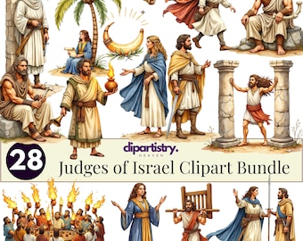 Puede incluir: Un paquete de imágenes prediseñadas digitales titulado "Jueces de Israel" con 28 ilustraciones. Las imágenes representan figuras con vestimenta antigua, algunas sosteniendo objetos como espadas, antorchas y pergaminos. La paleta de colores incluye beige, azul y dorado.