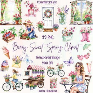 Berry Sweet Spring Clipart Bundle, 39 PNG Spring Graphics, Cute Girl Bicycle Flowers, Gardening Watercolor Clipart, Spring Mar