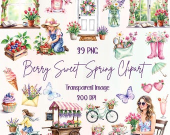 Paquete de imágenes prediseñadas de acuarela de primavera: Gráficos PNG de bayas dulces (39 PNG)