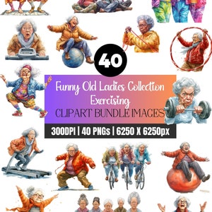 May include: A set of 40 digital clipart images featuring funny illustrations of older women exercising. The images are in a cartoon style and feature a variety of activities, including yoga, weightlifting, cycling, and hula hooping. The text "40 Funny Old Ladies Collection Exercising CLIPART BUNDLE IMAGES 300DPI | 40 PNGS | 6250 X 6250px" is included in the image.