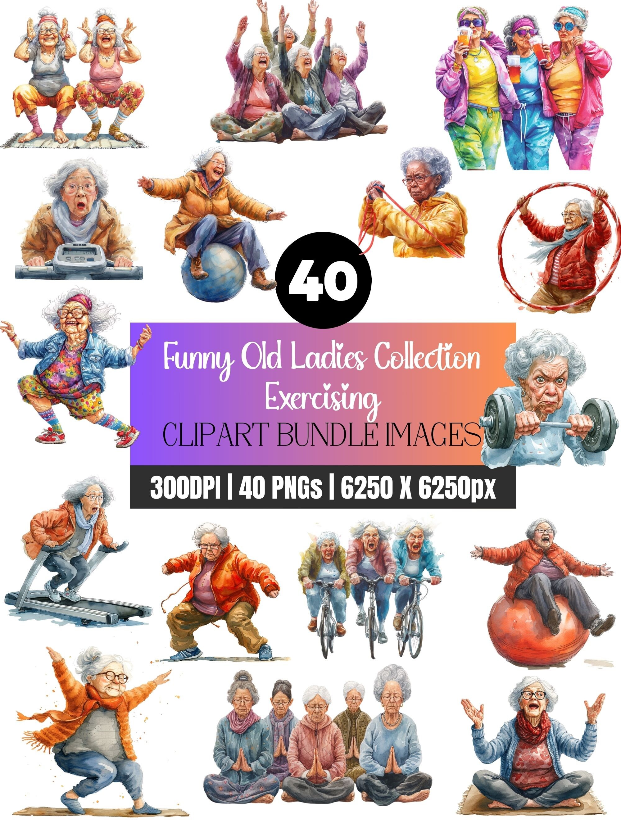 Funny Old Ladies Exercising Clipart Bundle Watercolor PNG Collection