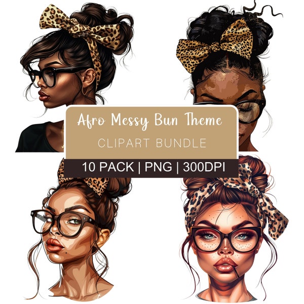 Afro Messy Bun & Leopard Bow Clipart Collection, 10 Pack Digital PNG, High-Resolution Black Girl Crafty Clipart for Journaling and Lady Boss