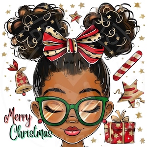 Merry Christmas Afro Messy Bun PNG Sublimation, High-Res Digital Art for Clothing, Stationery, Mugs, Perfect Xmas Gift, Afro Woman PNG