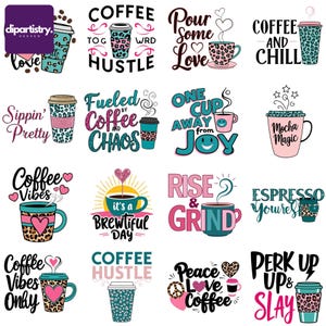 Peace Love Coffee Bundle Png Coffee Sublimation Bundle, 16 disegni PNG per download digitale, citazioni divertenti e stampa leopardata