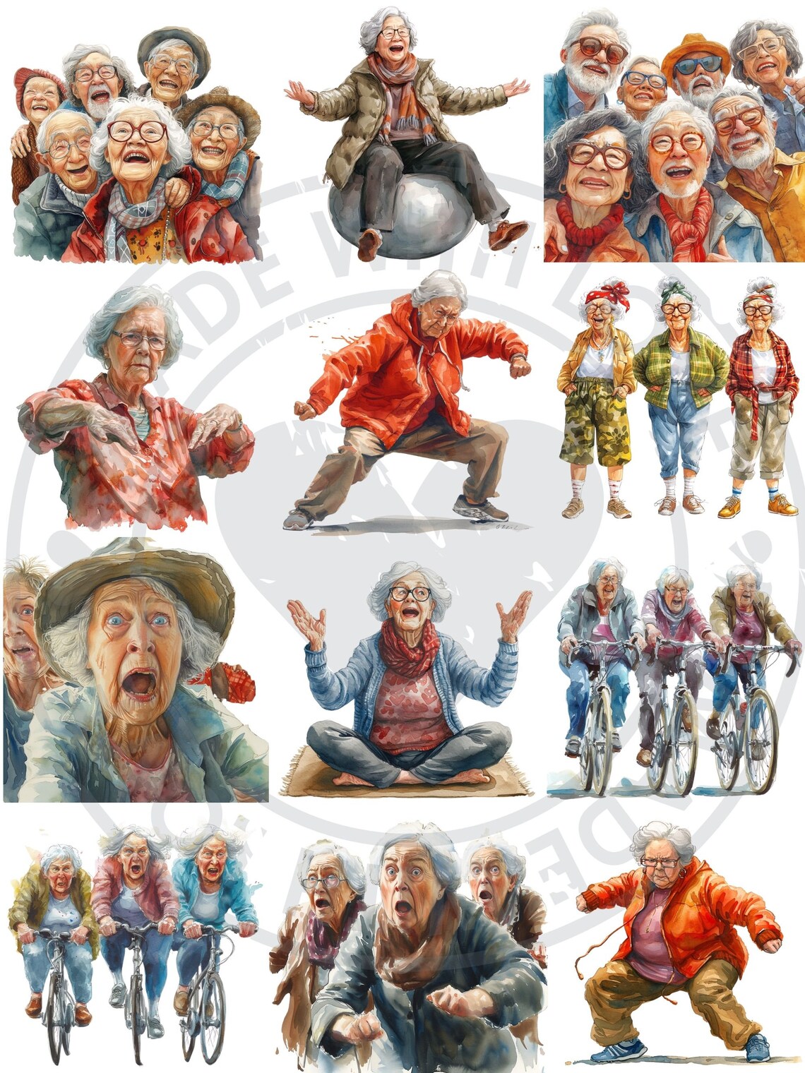 Funny Old Ladies Exercising Clipart Bundle Watercolor PNG Collection