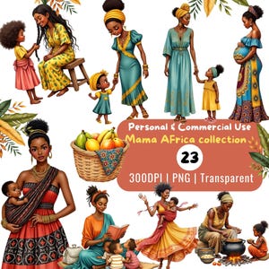Afrikaanse moeder- en kind-clipart-png-bundel met traditionele outfits en familieliefde voor Black History Month en ambachten