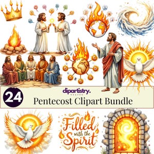 May include: A collection of 24 Pentecost-themed clipart images. The illustrations include religious figures, flames, a dove, a crown, and the text "Filled with the Spirit". The images are in a watercolor style.