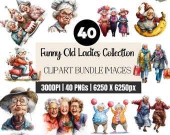 Funny Old Ladies Collection, Watercolor Clipart Bundle,  PNG Hi-Res, Scrapbooking, Journaling & Sublimation, 300dpi, Instant Download