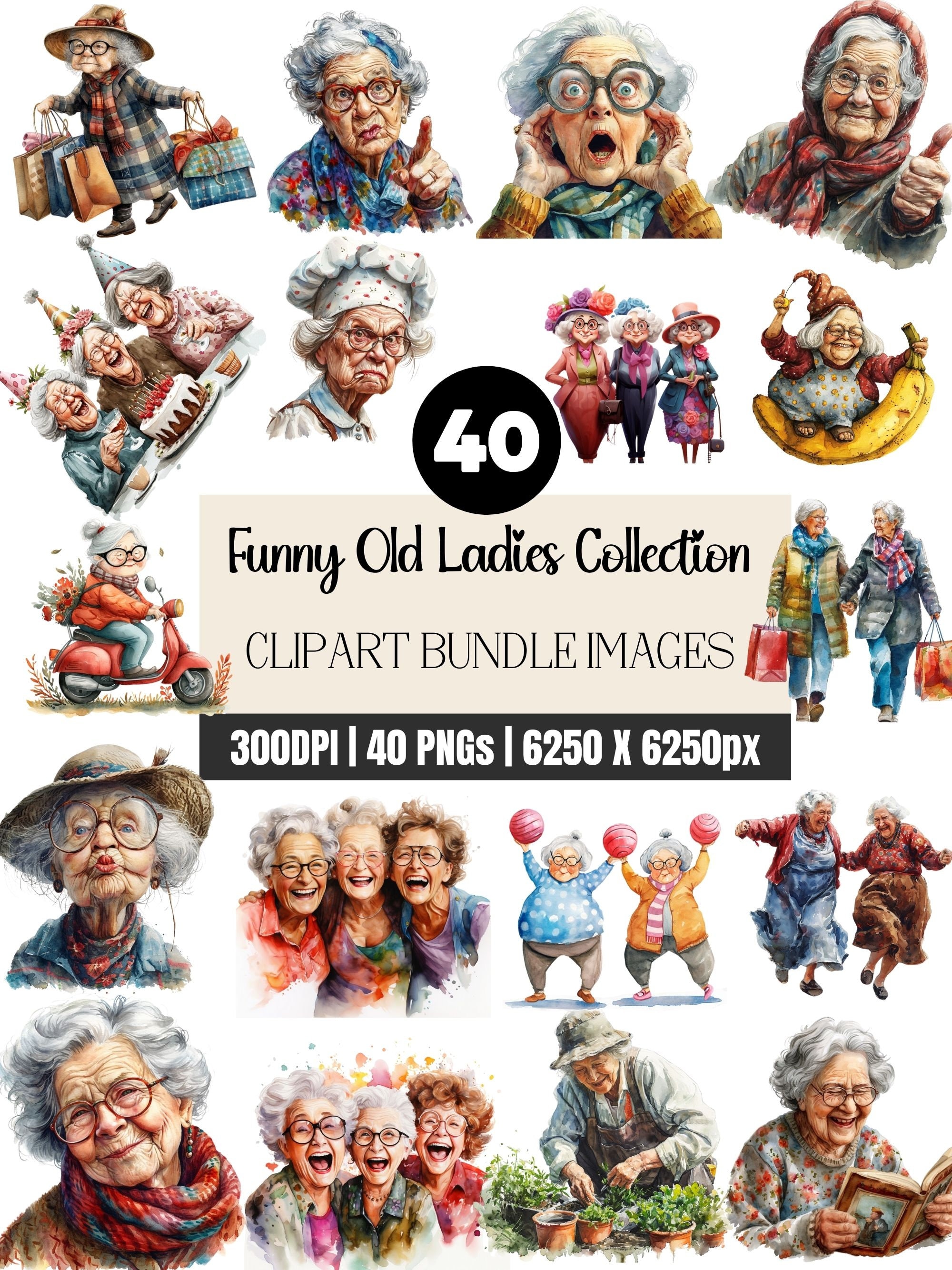 Funny Old Ladies Clipart Bundle: Watercolor PNG Images (digital ...