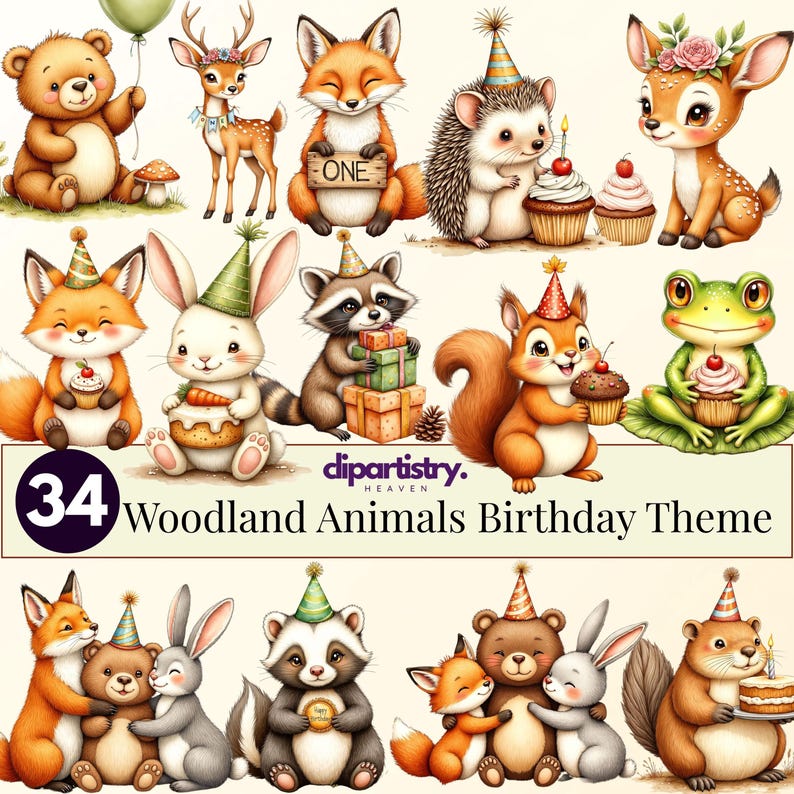 Woodland Animals Birthday Clipart Bundle | 34 PNG | Cute Forest Animals ...