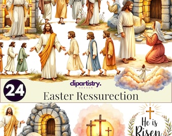 Könnte beinhalten: Eine digitale Kunstsammlung mit Illustrationen von Jesus, Engeln und Szenen aus der Ostergeschichte. Die Kunstwerke zeigen die Auferstehung, Kreuze und den Text "Easter Ressurection" und "He is Risen". Die Farbpalette umfasst Gold, Weiß und Erdtöne.
