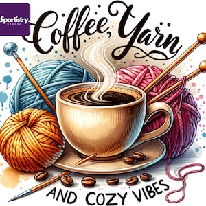 Café acogedor e hilo Descarga digital PNG Clipart para diseños de sublimación Arte imprimible Descarga instantánea transparente